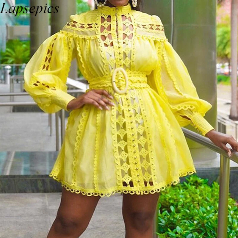 

Прозрачное Сетчатое платье-фонарь рукав кружевное платье для женщин с длинными рукавами и вышитым цветочным узором выдалбливают Элегантны...