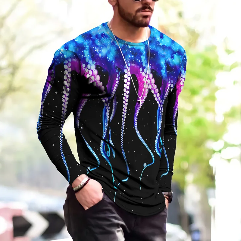 

Octopus Print Men's Sweater O Neck Long Sleeves Sweatshirt T-shirt Retro Harajuku Pullover 2021 Autumn Oversized Casual Top
