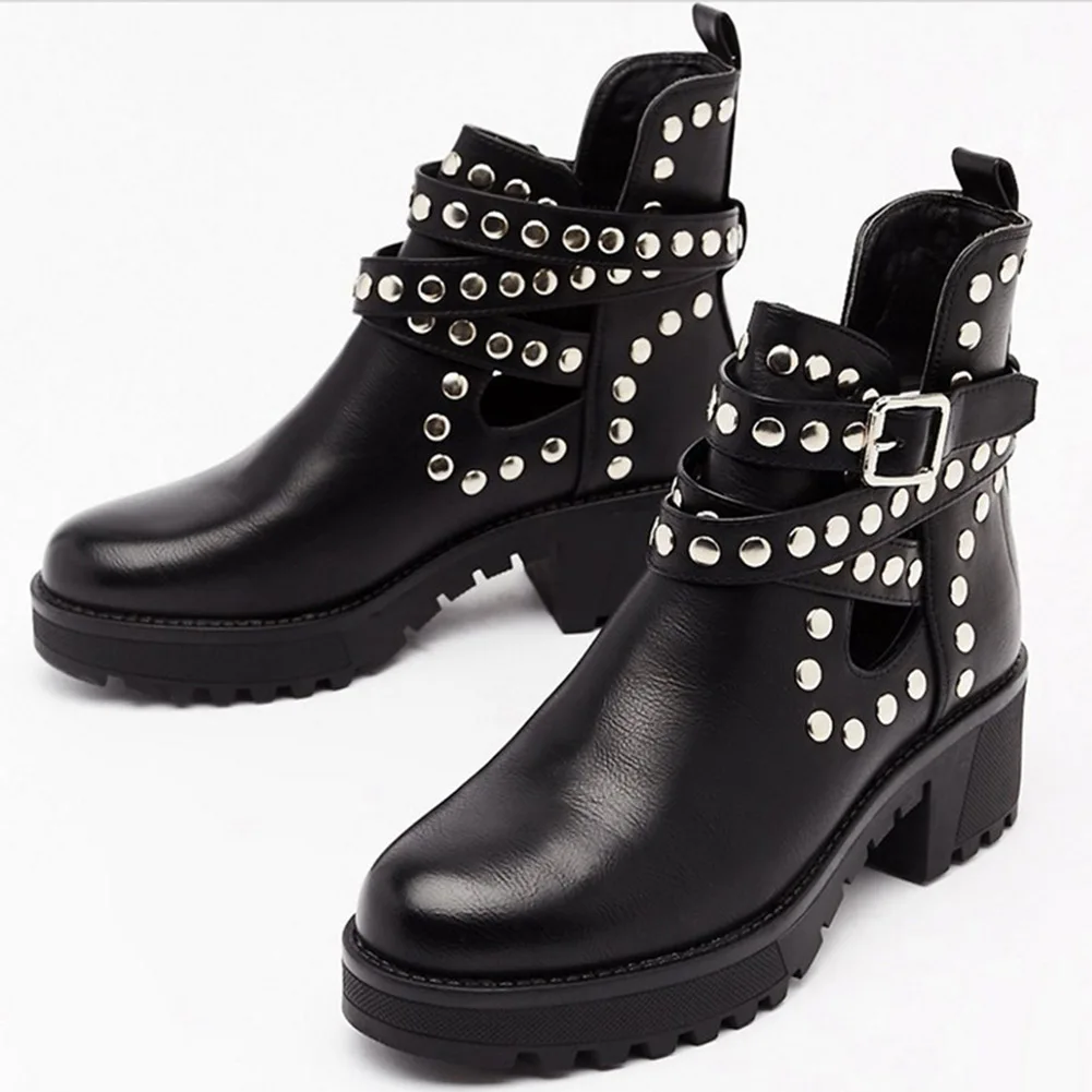 

SaraIris Platform Chunky Heel Winter Boots Women Casual Daily Boots Ladies Fashion Rivet Round Toe Buckle Ankle Shoes