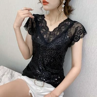 7155 black white sequin t shirt women v neck spliced lace sexy skinny t shirt female hollow out short sleeved womens t shirt