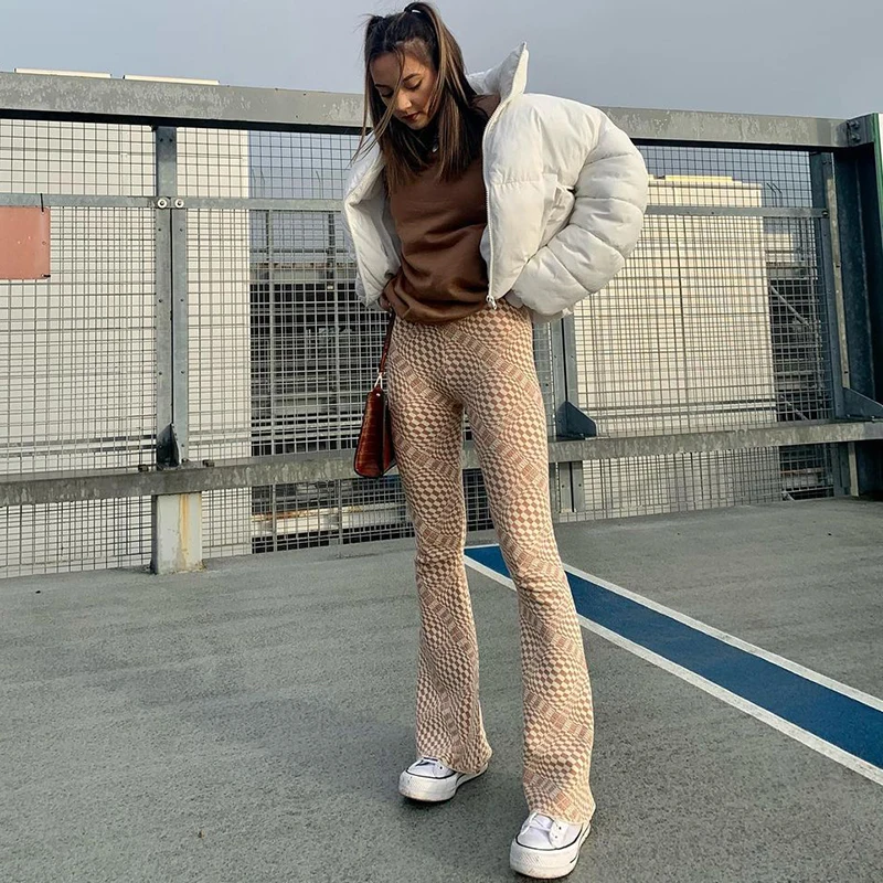 

Rockmore Plaid Skinny Flare Pants Women'S Casual Cargo Pants Y2K Harajuku Sweatpants Joggers High Waist Trousers Korean Bottom