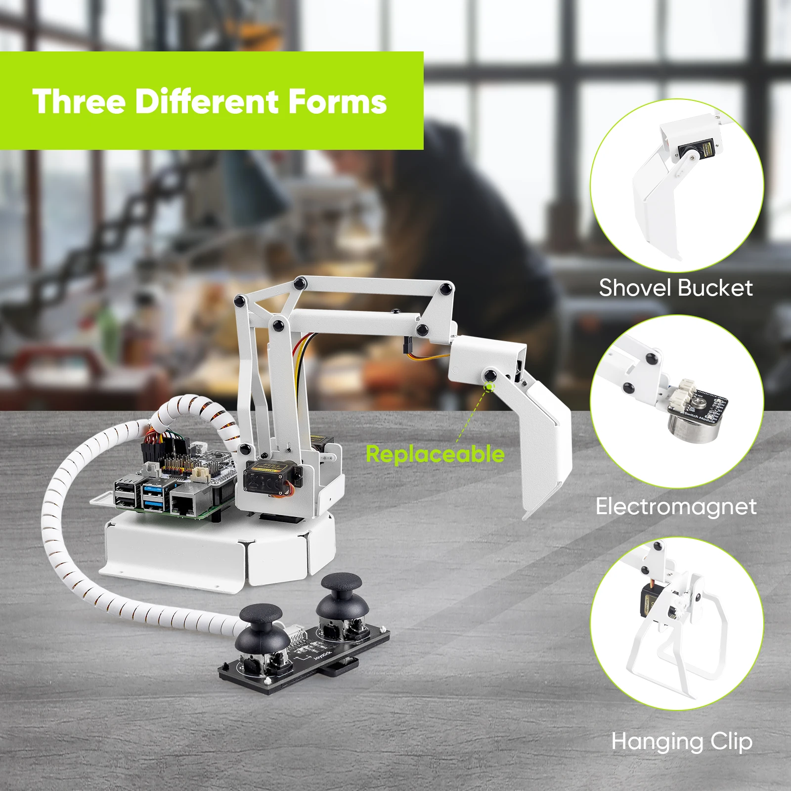 SunFounder 3 + 1 DOF Robot Arm Kit с ковшом для лопаты подвесными зажимами Электромагнитом