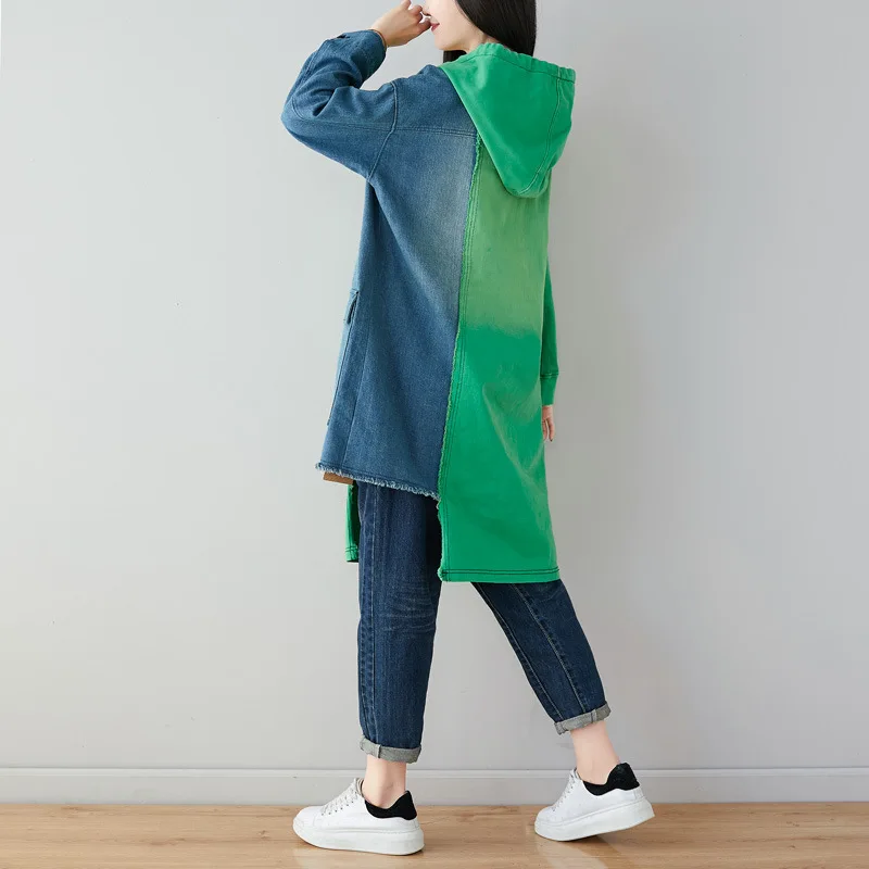 Женское джинсовое платье с капюшоном в стиле пэчворк Свитшот оверсайз