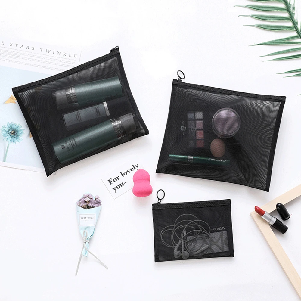 

Simple Transparent Mesh Cosmetic Storage Bag Clear Zipper Stationery Bag Nylon Makeup Pouch Portable Travel Toiletries Handbag