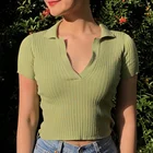 Женские трикотажные рубашки-поло, летние повседневные укороченные топы с V-образным вырезом и коротким рукавом, 2021