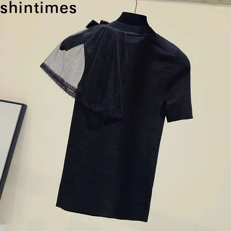 Shintimes Корейская Футболка женская сетчатая сшитая тонкая трикотажная футболка с коротким рукавом женская летняя мягкая облегающая черная футболка с бантом