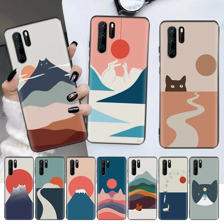 

Abstract Art Cat Mount Landscape Black Phone Case For Huawei P30 Lite P20 Pro P40 P10 Mate 20 40 30 10 P Smart Z Plus Pattern