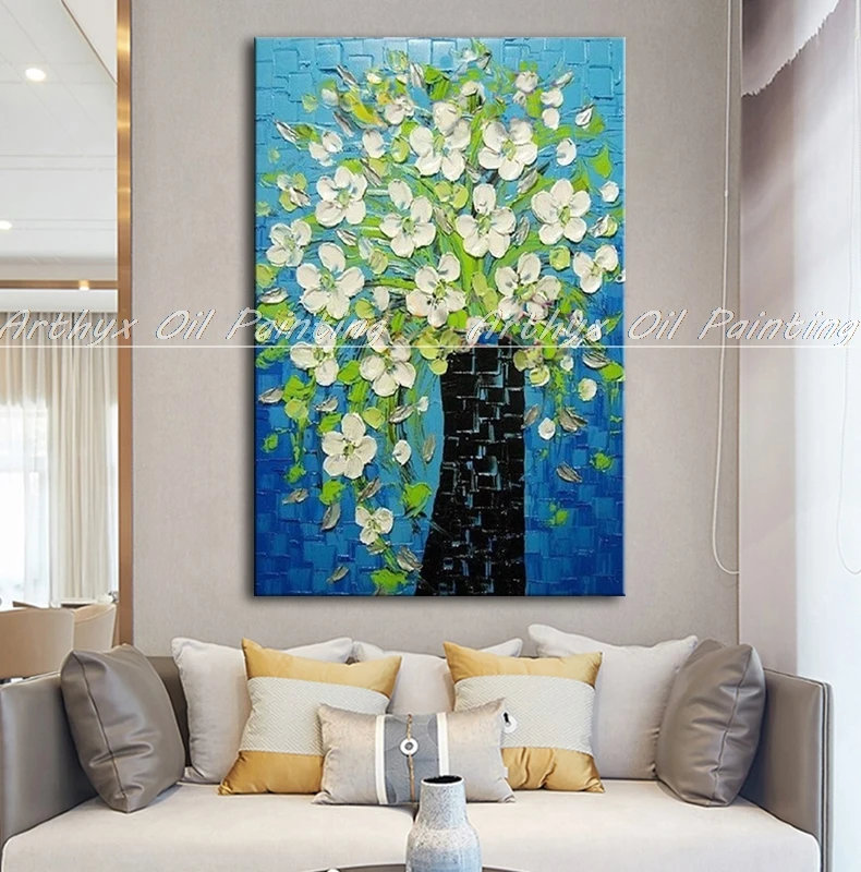 Arthyx Handpainted Palette Knife White Orchid Flower Oil Painting On Canvas Modern Abstract Wall Art Picture For Room Home Decor | Дом и сад