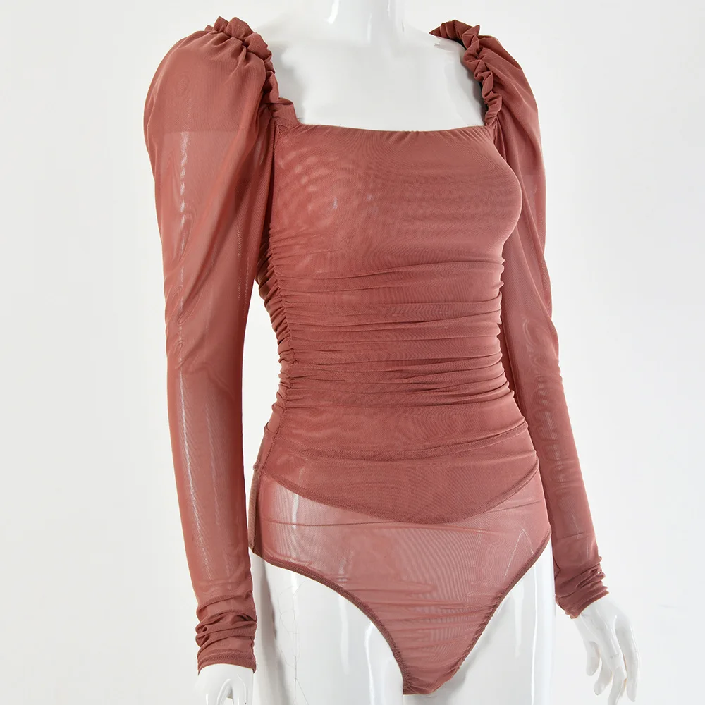 Женское Сетчатое боди с длинным рукавом Forefair Клубное облегающее квадратным