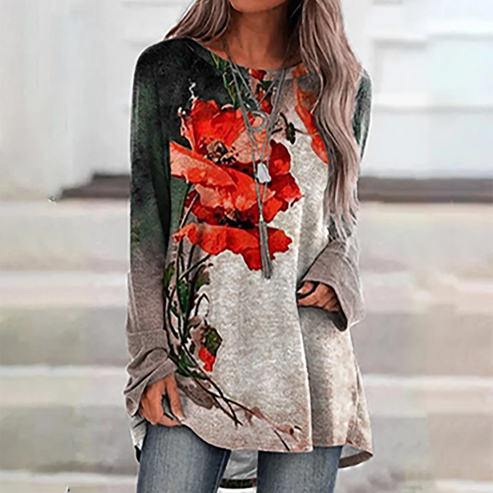 

Women's Ladies O-Neck Loose Tops Casual Print T-Shirts Long Sleeve BlousePrint Fashion Loose Summer Cotton Women T-sh