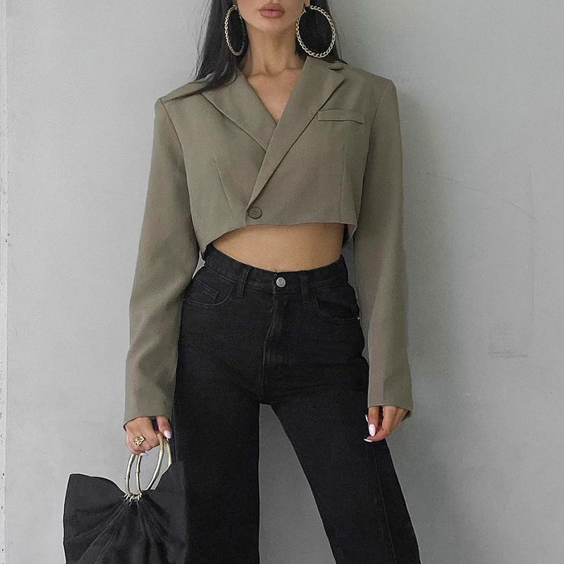 

Rapcopter Green Vintage Blazers y2k Button Long Sleeve Jackets Cropped Autumn Thin Coat Women Fashion Streetwear Korean Outwear