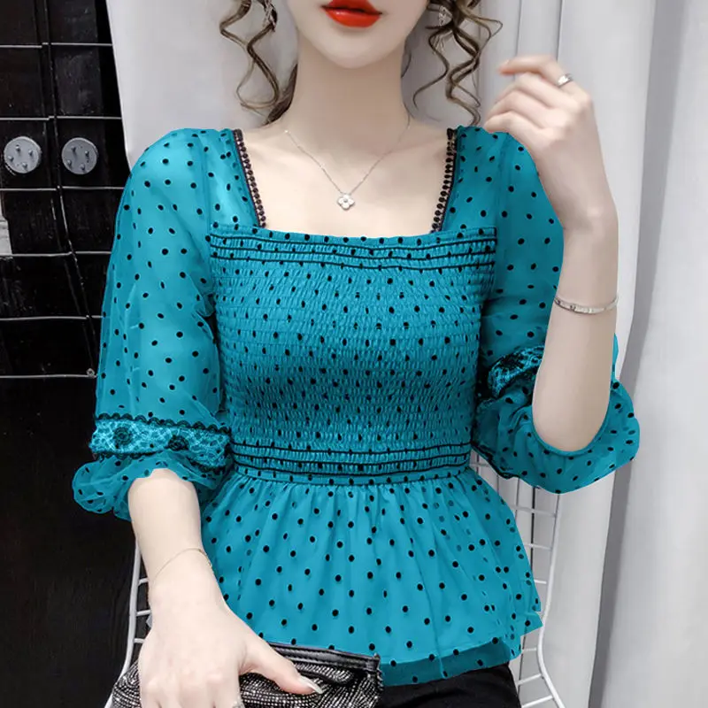 

French square collar chiffon shirt women's 2021 spring and summer new temperament small shirt waist mesh stitching jacket