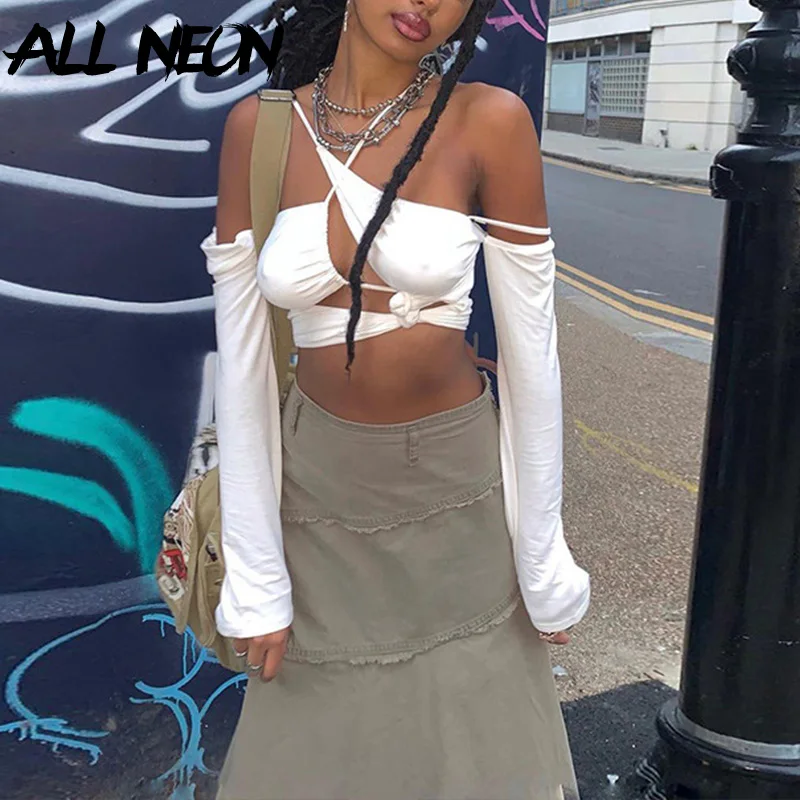 

ALLNeon Y2K Aesthetics Bandage Off Shoulder Sexy Backless Crop Tops 2000s Fashion Criss-Cross Cut Out Long Sleeve Tees Clubwear