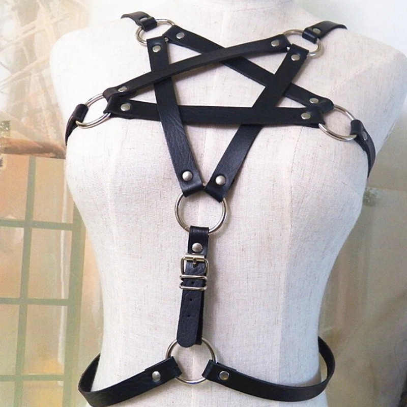 

Woman Pentagram Punk Style PU Leather Harness Bra Belts Sexy Lingerie Body Bondage Caged Bralette Gothic Bra Garters