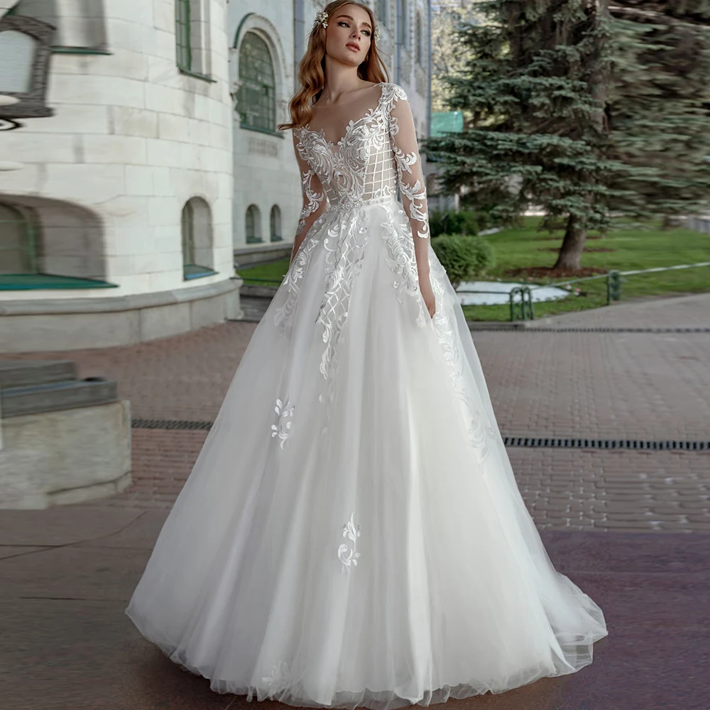 

Exquisite White Wedding Dresses A-Line Scoop Sweep Train Tulle Appliques Beading Pearls Bridal Gown For Women Button Custom Made