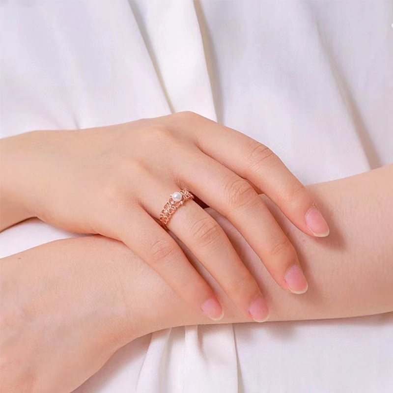 

ANI 18K Rose Gold (AU750) Wedding Ring Fine Diamond Gold Rings anillos mujer Engagement Natural Akoya Sea Pearl Ring for Women