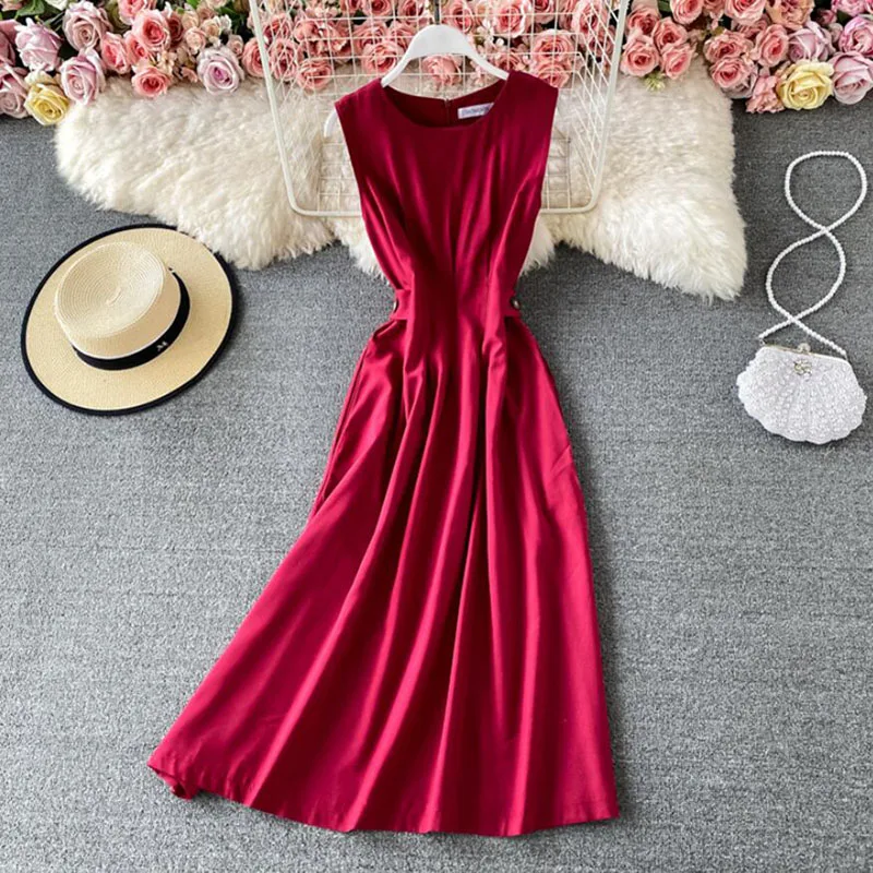 

2021 New Summer Dress Elegant O-Neck Slim A-line Long Dress Women Solid color High waist Sleeveless Ladies Office Dresses
