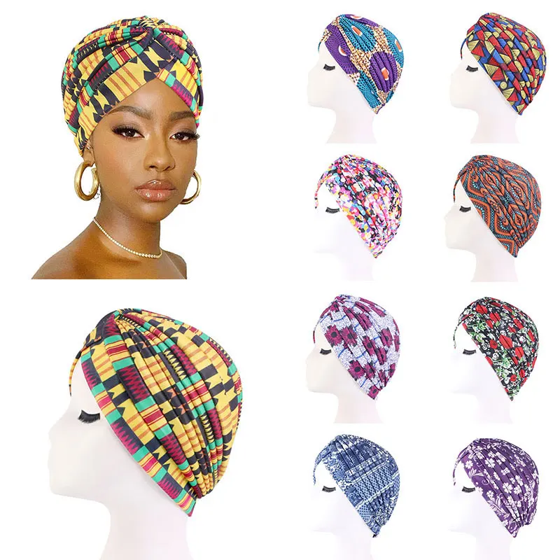 

African Style Cross Printed Women Turban Stripe Hijab Baotou Cap Cross Twist Hat Chemotherapy Cap Bonnet Polyester Female Hat