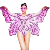 shining diamonds pink butterfly bodysuits women long sleeve jumpsuits nightclub pole dancing costumes dj singer stage wear