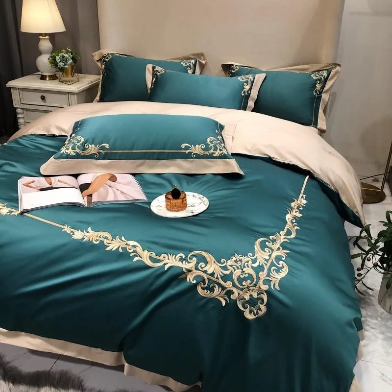vender 4 Pçs Conjunto De Capa Edredão Verde Turquesa Bordado Luxo Conjunto Cama Consolador Capa Folha Travesseiro Shams Rainha Rei Tamanho 4 Pçs