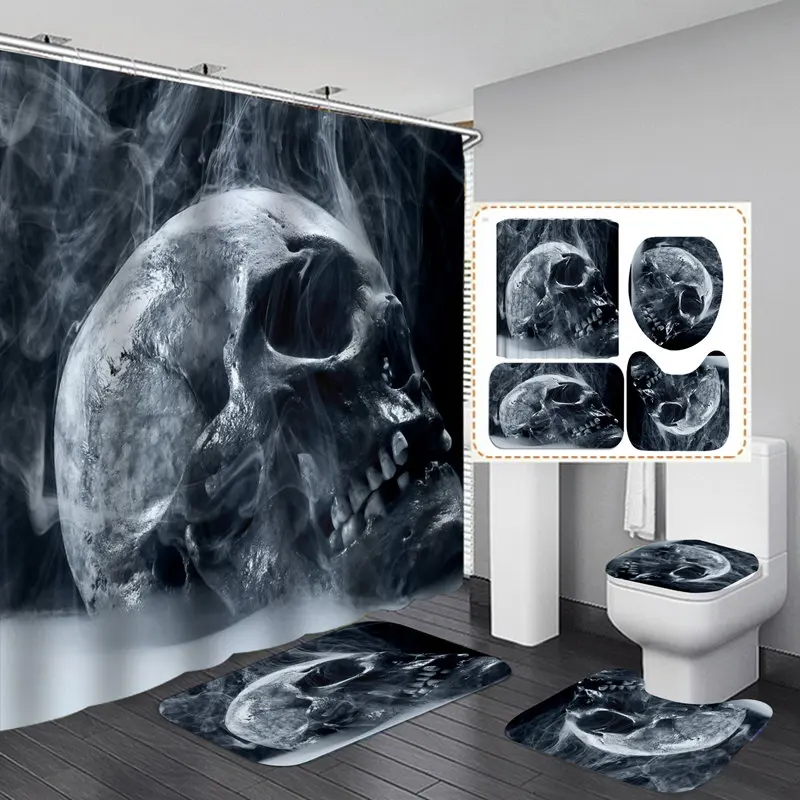 

Gothic Skull Flannel Bath Mat Toilet Cover Rugs Fabric Shower Curtain With 12 Hooks Home Bathroom Decor Set
