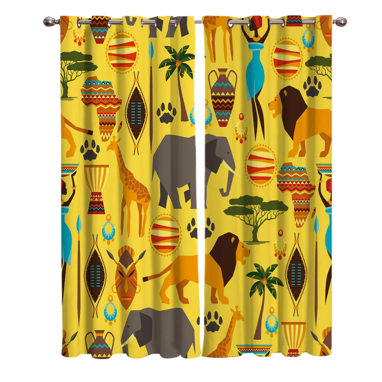 Желтые оконные шторы с иллюстрациями животных слона льва жирафа занавески для