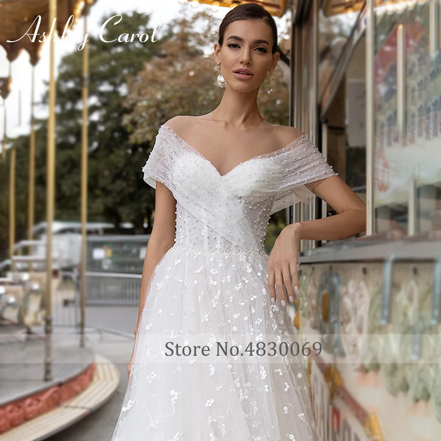 Свадебное платье трапециевидной формы Эшли Карол 2022 кружевное с жемчужинами