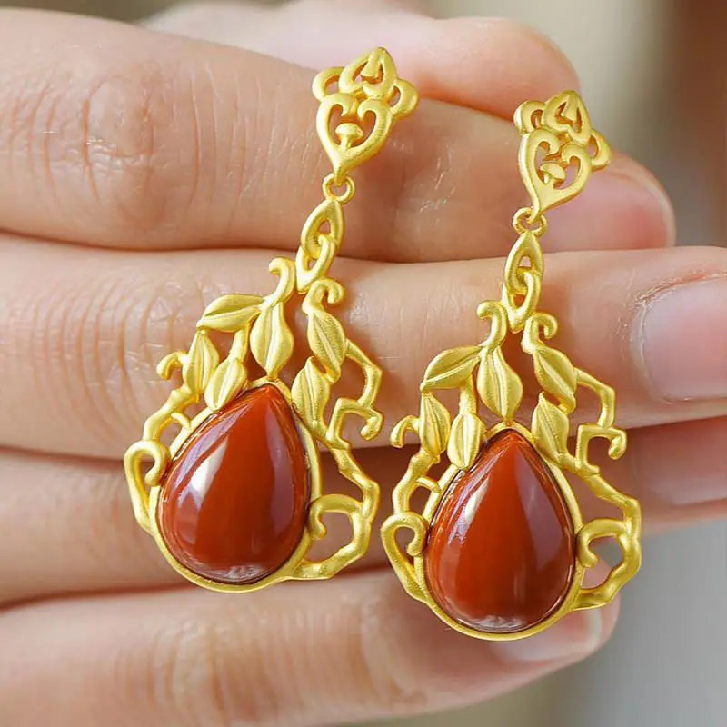 

S925 Sterling Silver Natural South Red Agate French Royal Style Eardrops Pearl South Red Agate Inlaid Grinding Earrings