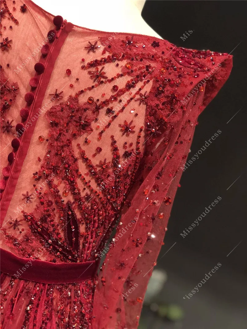 2021 Newest Real Sample Luxuriou Wine Red Tulle with Velvet V-Neck Heavy Beading Long Sleeves Floor-Length Prom Evening Dress