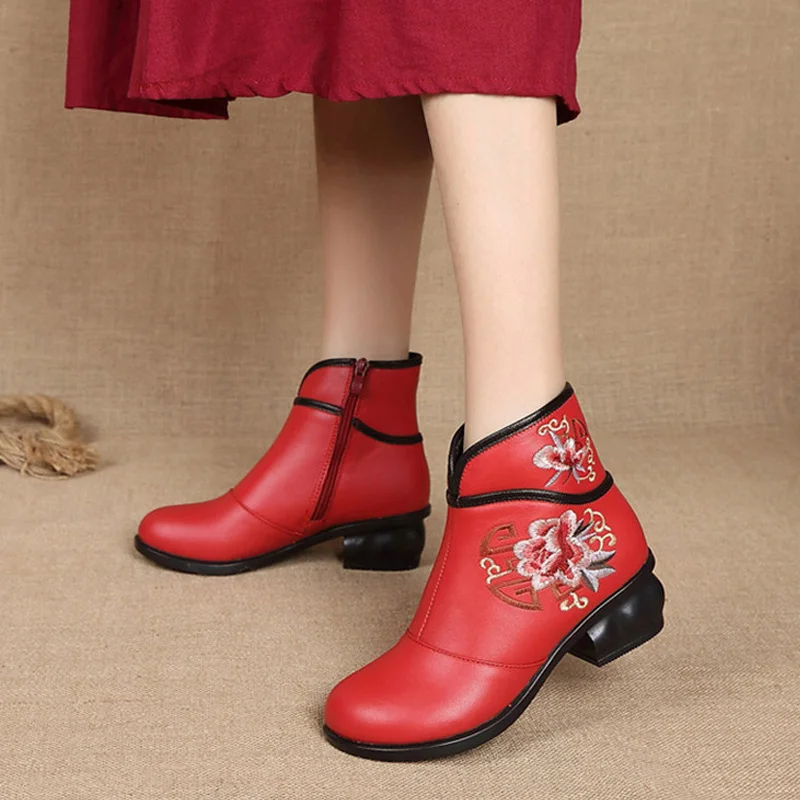 

TIMETANGNew Short Boots Handmade Ethnic Style Leather Embroidered Ankle Boots Winter Round Head With Literary Cotton Boots Women