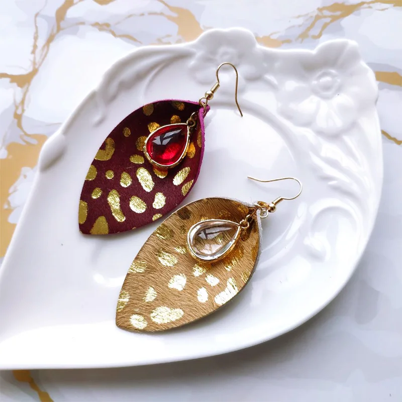 Женские серьги из воловьей кожи с перьями Cpop подвеской в виде листьев модные