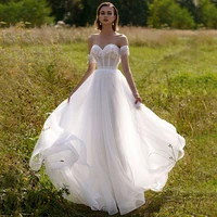 off the shoulder tulle wedding dresses 2022 sweetheart a line lace pleat tassel bridal gown backlesss button sweep train