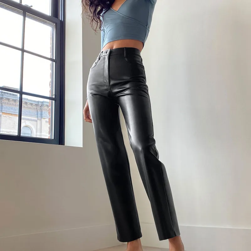 

Faux Leather Straight Leg Pants High Waist Autumn Sexy Brown Pants Slacks For Women Bottoms Vintage Streetwear Trousers Winter