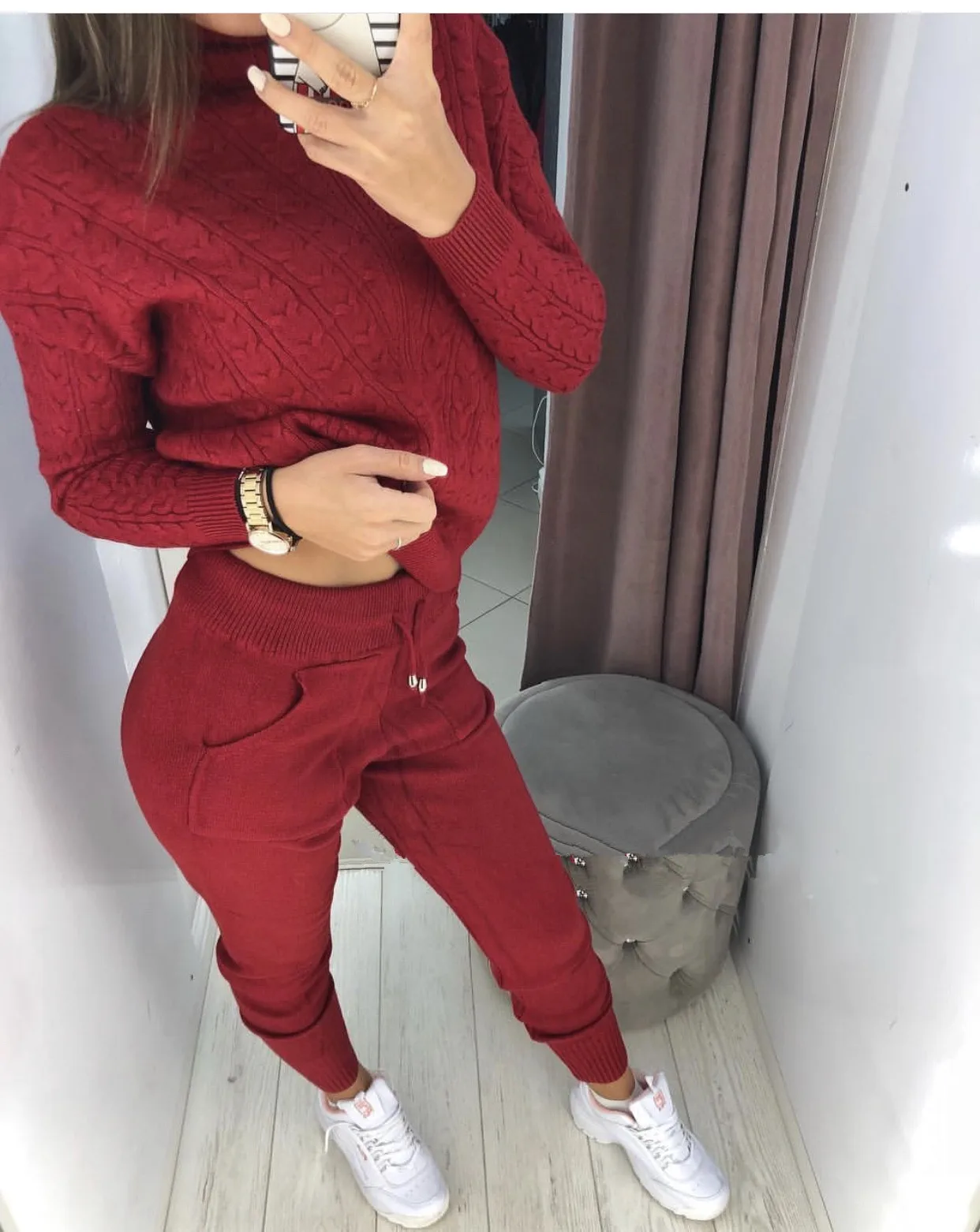 

Women's sweater pants suit half turtleneck twist sweater knitting sports suit autumn and winter two-piece suit