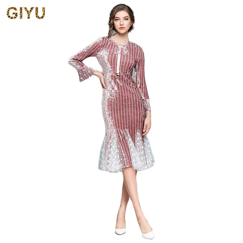 Женское вечернее платье Русалка кружевное Полосатое в горошек для выпускного