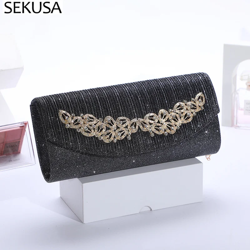 

Ruched Lady Evening Bags Diamonds Metal Golden Day Clutches Cover Open Style Satin Ladies New Handbags
