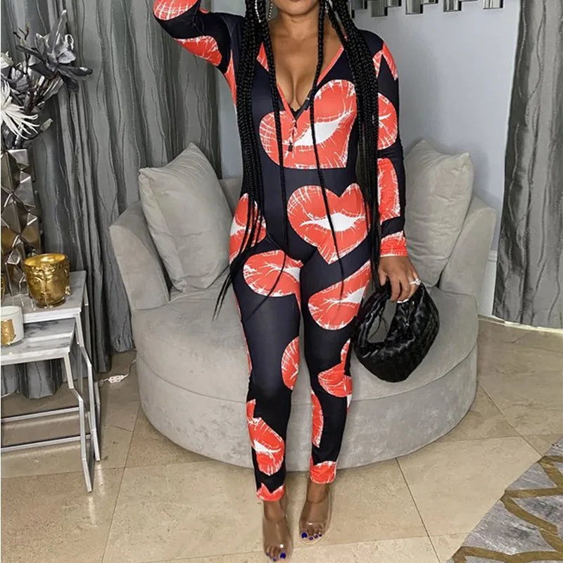 

Female Long-Sleeved Sexy Jumpsuit Black Printed V-Neck Bodysuit Trousers 2021 Autumn New Casual Women's African Clothing S-XL