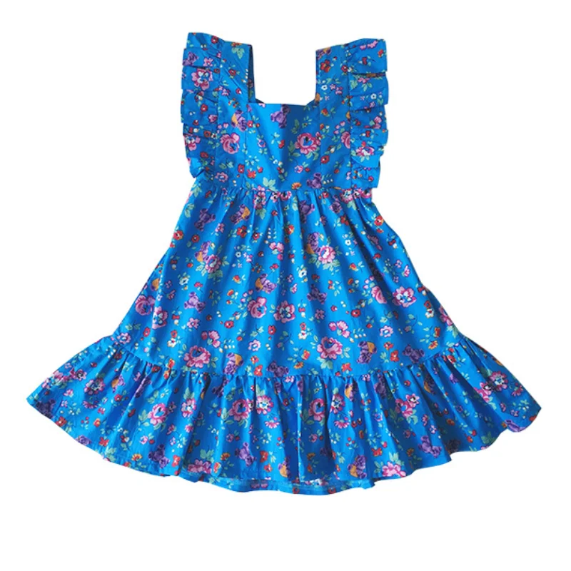 

WLG Girls Sleeveless Dresses Kids Clothes Summer Ruffle Blue Floral Printed Dress Baby Girl Cute All Match Clothes