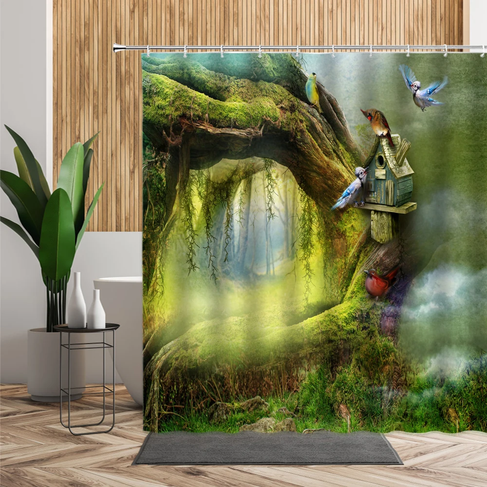 

Natural Scenic Shower Curtain Birds Tree Wood House Jungle Child Bathroom Decor Fantasy Fairy Tale Hanging Cloth Curtain For Kid