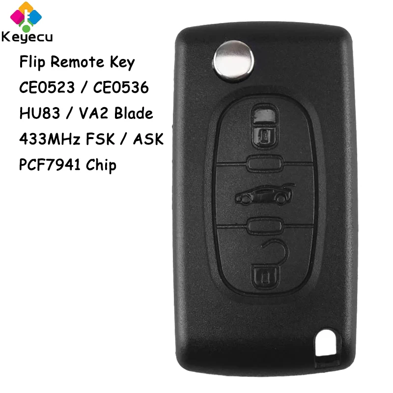 

KEYECU CE 0523 0536 Flip Remote Car Key With 3 Buttons ASK FSK 433MHz PCF7941 ID46 Chip Fob for Peugeot 207 307 308 407 408 607
