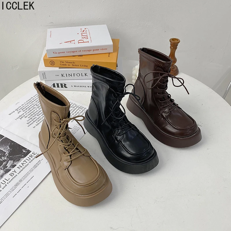

Женские ботильоны на платформе, зимние дизайнерские ботинки на плоской подошве, со шнуровкой, 2022