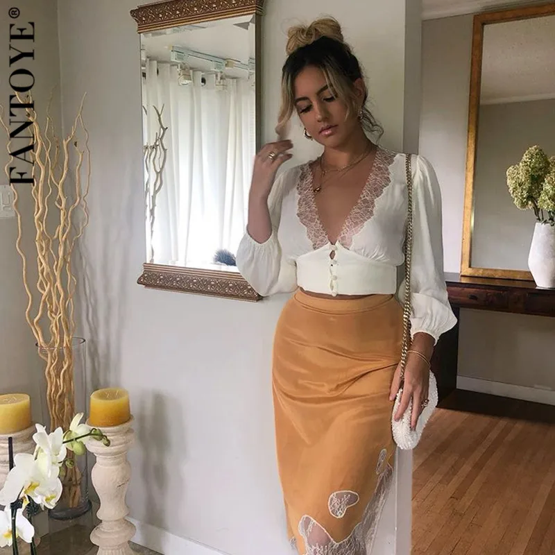 FANTOYE Sexy Deep V-Neck Lace Puff Sleeve Tops Blouses Women Vintage Long Sleeve Slim Blouse Shirts Female Chiffon Shirts Blousa