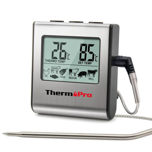 ThermoPro TP-16 Large LCD Cooking Food Meat Thermometer for Smoker Oven  Kitchen BBQ Grill Thermometer Clock Timer with Stainless Steel Temperature  Prob 