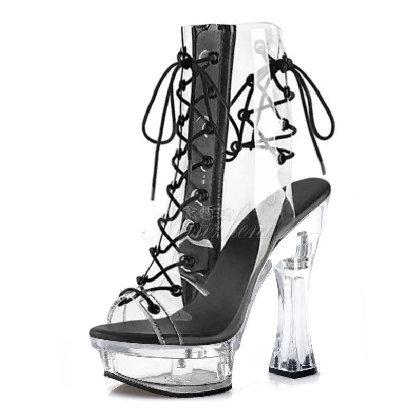 New Women Sexy Ankle Boots Waterproof Transparent Platform Club Model Catwalk 14Cm High Heels Pole Dancing Shoes