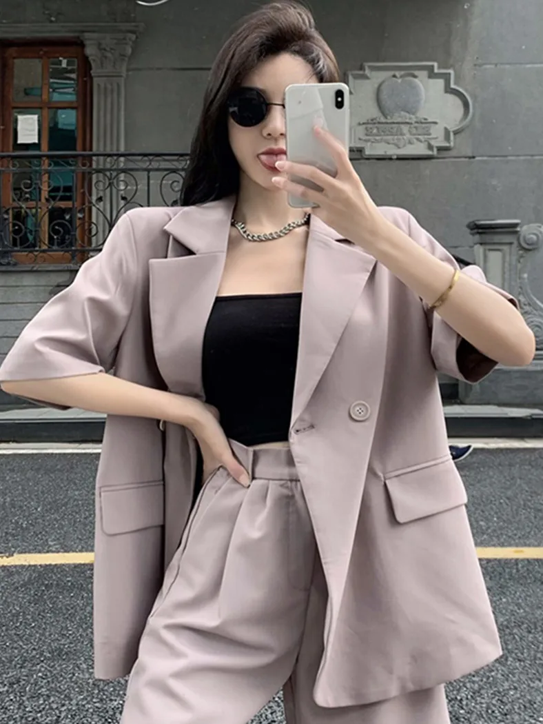 

Short-sleeved Suit Jacket Women 2021 Summer Thin Fashion Loose Mid-length Casual Chiffon Suit Jacket Blazer Feminino