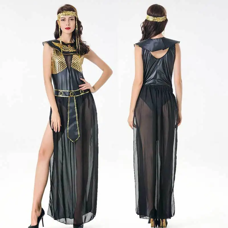 

Black Sexy PVC Stitching Mesh Yarn Greek Goddess Costume Halloween Medieval Egyptian Cleopatra Cosplay Fancy Dress
