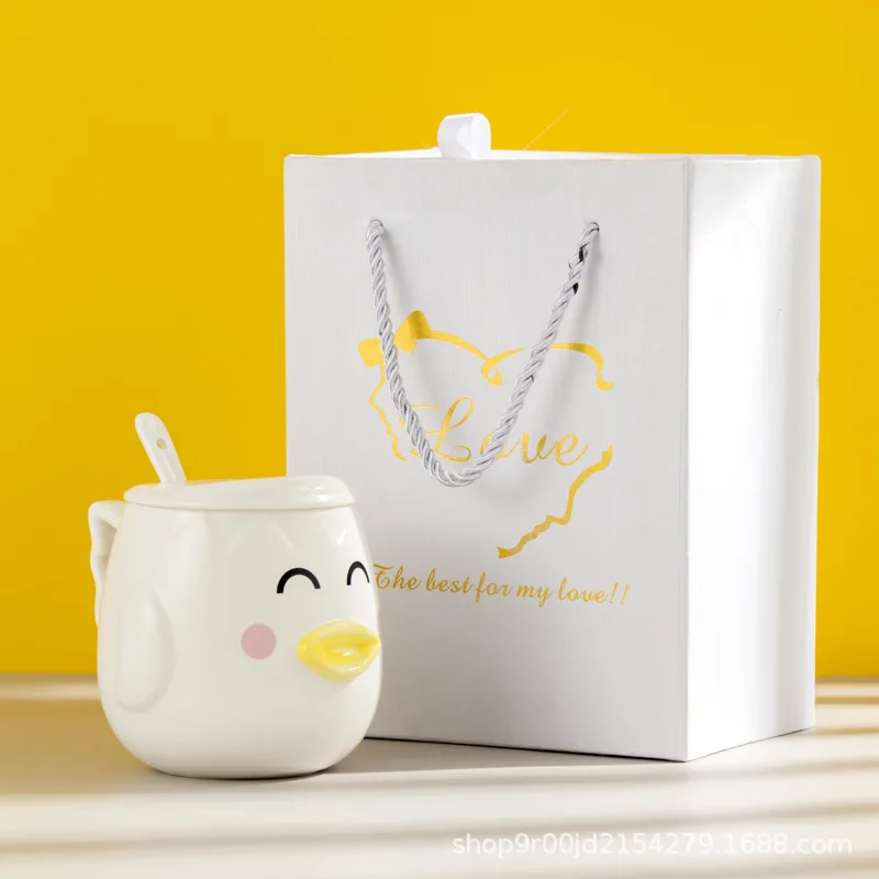 

Cartoon cute three-dimensional duck ceramic cup creative mug net red cup with lid spoon gift couple water cup