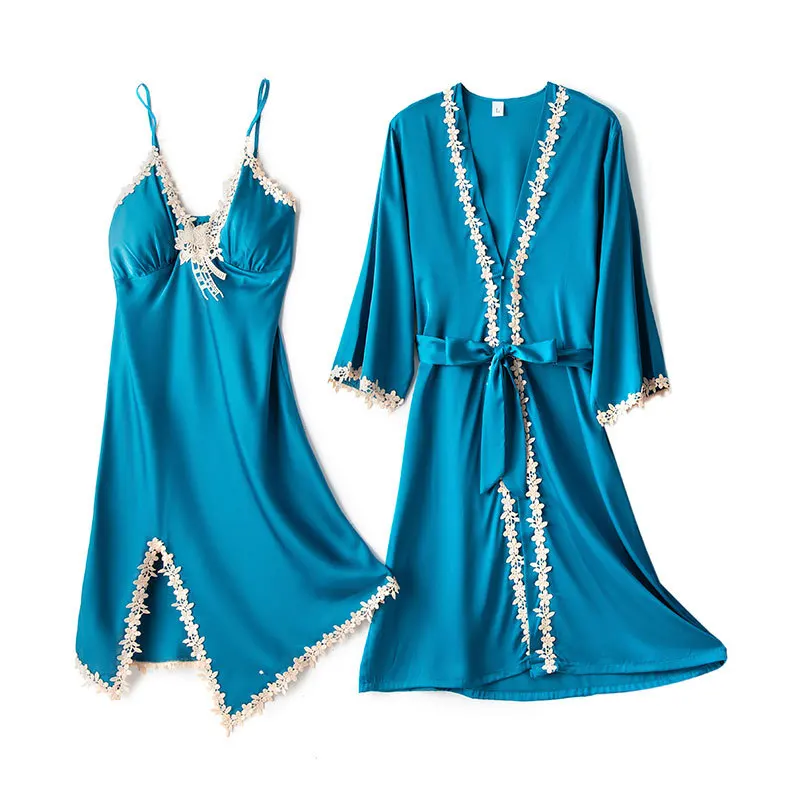 

Wedding Robe Set Women Summer Thin Satin Sleepwear Nightgown Sexy Robe Kimono Gown Lace Trim V-neck Loose Home Dressing Gown