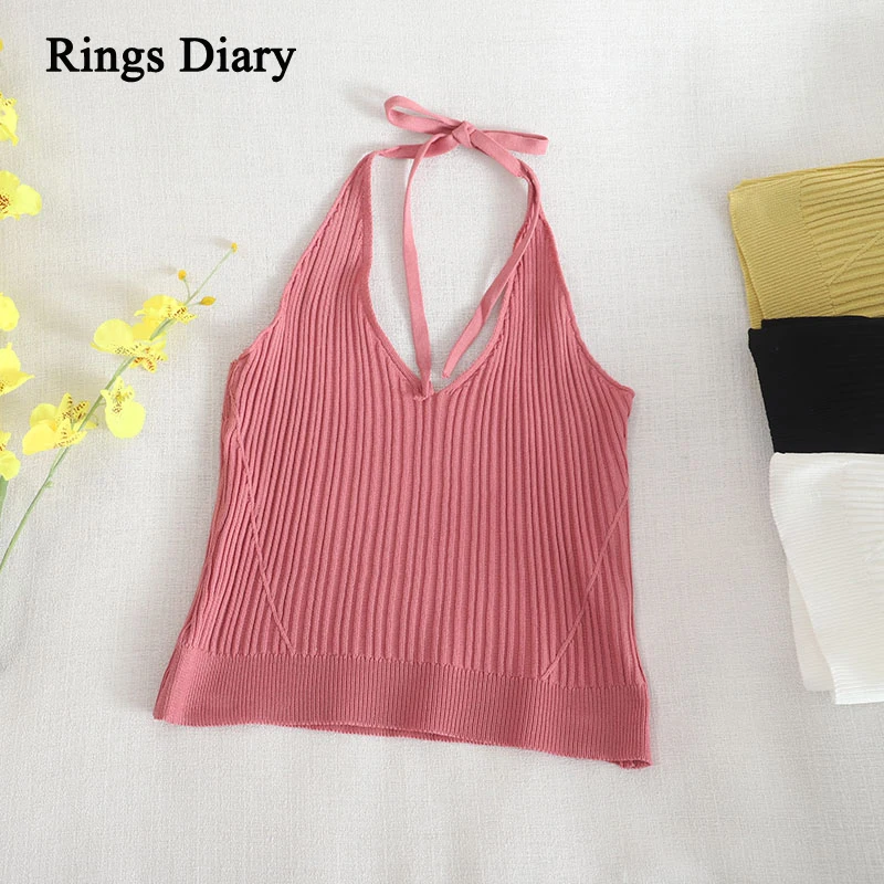 

Rings Diary Women Summer Halter Neck Crop Tops French Style Elegant Sleeveless Knit Top Backless Tied Back Sexy Skinny Club Top