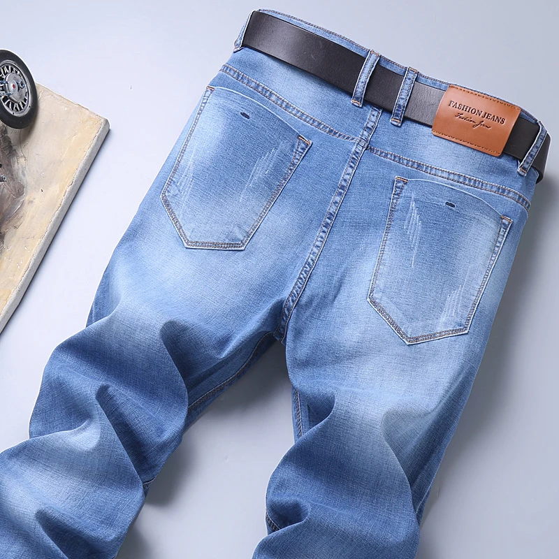 

Джинсы мужские тонкие стрейчевые, модные облегающие брюки из денима, Классические брендовые штаны с потертостями, голубые, весна-лето 2021